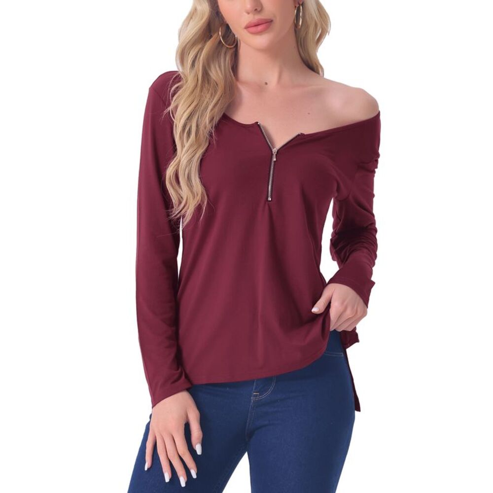 Long Sleeves Tees Shirts Zipper Up Pullover Solid Round Neck Pajama Red